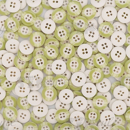 Пуговица пластиковая на четыре прокола, размер 24L, цвет белый с салатовым фото 4