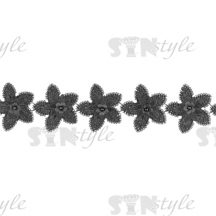 Кружево цветочное с бусинами в цвет кружева, намотка 10 ярдов, ширина 70 мм, цвет черный фото 2