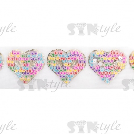 Аппликация на сетке из пайеток "Сердце", разноцветная, размер 75 х 65 мм, рулон 123 шт. фото 1