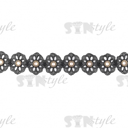 Кружево ажурное с цветочным орнаментом, украшенное золотыми люверсами и белыми стразами, ширина 60 мм, намотка 15 ярдов, цвет черный  фото 1