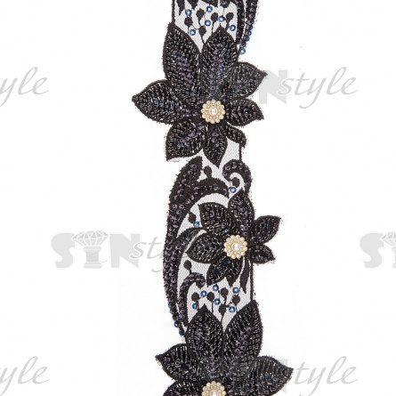 Кружево на сетке с цветочным орнаментом, расшитое пайетками, микробисером и стразами, ширина 100 мм, цвет черный, намотка 10 ярдов  фото 1