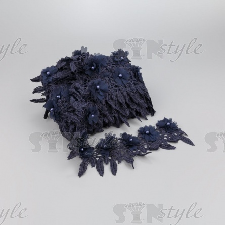 Кружево ажурное с отделкой, нежнейшее тонкое переплетение гирлянды с цветочными мотивами с бусиной в центре цветка, ширина 85 мм, намотка 10 ярдов, цвет темно-синий  фото 3