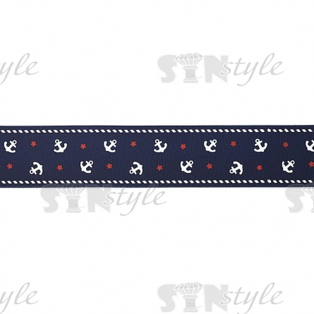 Лента репсовая, с принтом "якоря", ширина 40 мм, цвет синий+белый+красный, намотка 20 ярд фото 2