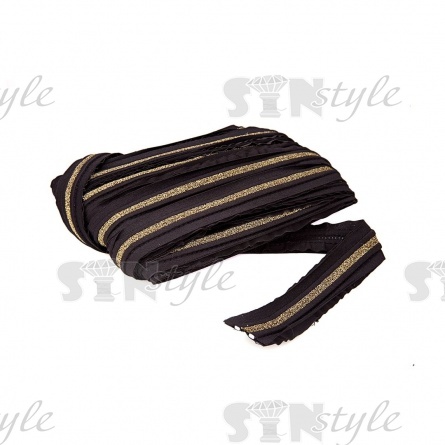 Декоративная тесьма отделочная с полоской из металлизированной золотой нити, цвет черный, ширина 38 мм, намотка 15 ярдов фото 3