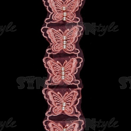 Кружево "Бабочки" на капроновой ленте, ширина 60 мм, цвет розовый, бусины белые, намотка 10 ярдов  фото 2