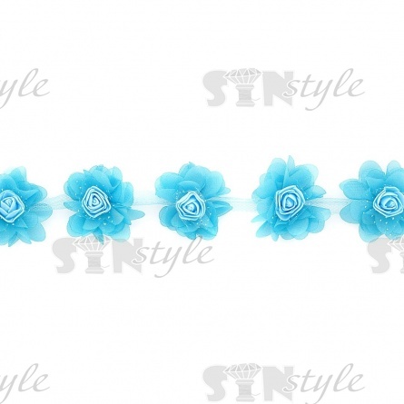 Кружево "Цветочки" на капроновой ленте, нежная цветочная гирлянда из объемных цветов, ширина 60 мм, цвет светло-синий (142), намотка 10 ярдов фото 2