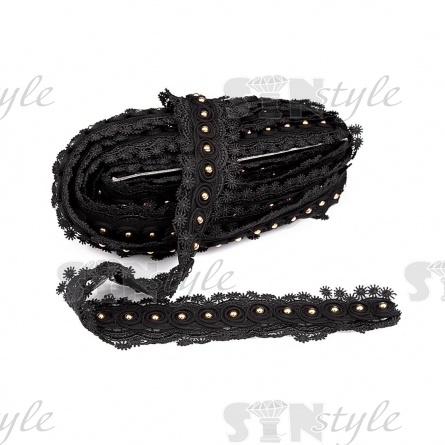 Кружево ажурное, дополненное скрученной капроновой лентой и золотыми бусинами, ширина 55 мм, намотка 15 ярдов, цвет черный фото 3