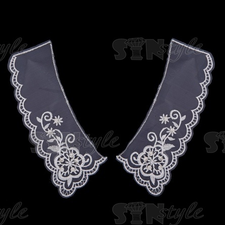 Воротник пришивной из тонкого капрона с цветочной вышивкой, украшенный стразами, размер 200x80 мм фото 1