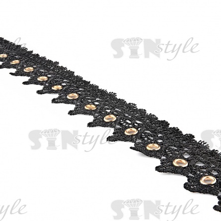 Кружево ажурное с тонким восточным оррнаментом, украшено золотыми люверсами, ширина 55 мм, намотка 15 ярдов, цвет черный фото 3