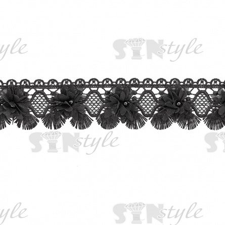 Кружево ажурное с цветочной отделкой и бусинами, ширина 60 мм, цвет черный, намотка 10 ярдов фото 1