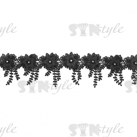 Кружево "Цветочное", на тонкой ажурной основе россыпь объемных цветов со стразой в середине цветка и с бахромой из стилизованных листьев, ширина 70 мм, цвет черный/белые стразы, намотка 10 ярдов фото 1