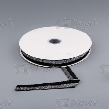 Лента бархатная с люрексом, ширина 15 мм, цвет черный+серебряный, намотка 25 ярдов фото 3