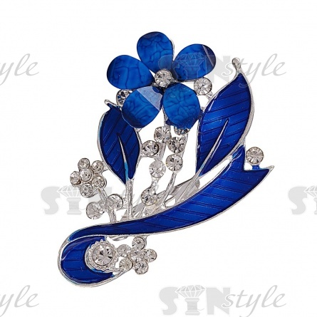 Брошь со стразами "Цветочек", размер 39х53 мм, цвет никель+стразы белые+эмаль синяя, застежка булавка фото 1