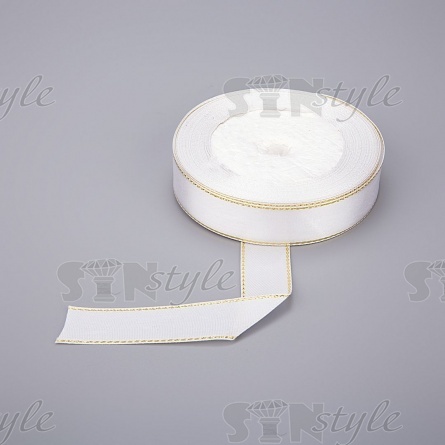 Декоративная белая тесьма атласная с люрексом золотого цвета, ширина 20 мм, намотка 25 ярдорв   фото 1