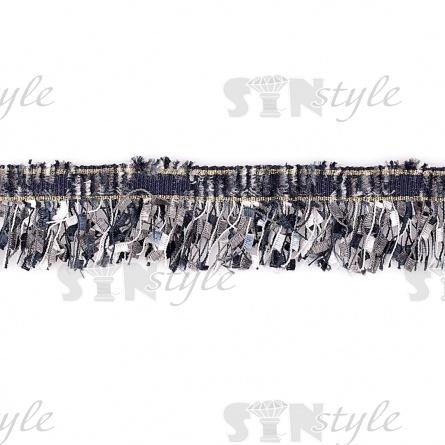 Декоративная тесьма букле с бахромой, отделана золотым люрексом, цвет серый, ширина 35 мм, намотка 45 ярдов фото 1