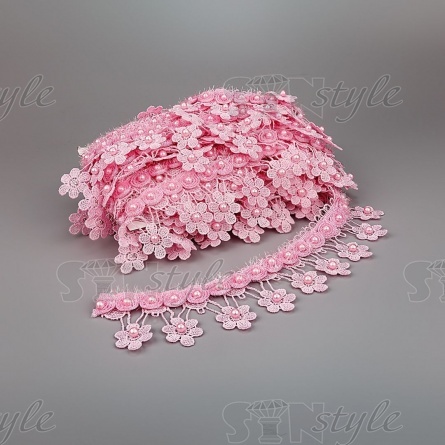 Кружево ажурное с отделкой, нежнейшее тонкое переплетение гирлянды с цветочными мотивами с бусиной в центре цветка, а так же с бусинами по краю по всей длине изделия, ширина 60 мм, намотка 10 ярдов, цвет розовый  фото 3