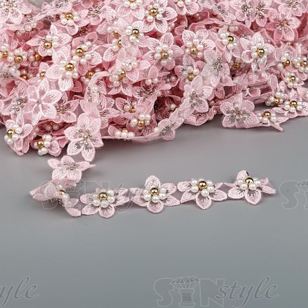 Кружево "Цветочки" украшено бусинами ,на капроновой ленте, ширина 30 мм, цвет розовый, намотка 20 ярдов, #21 фото 1