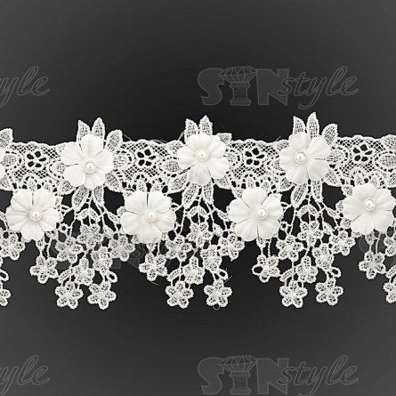 Кружево ажурное с отделкой бусинами и цветами, ширина 90 мм, цвет белый, намотка 10 ярдов фото 2