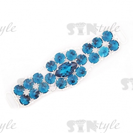 Декоративное украшение пришивное металлическое, цвет никель+бирюзовые стразы, размер 160*50 мм фото 1