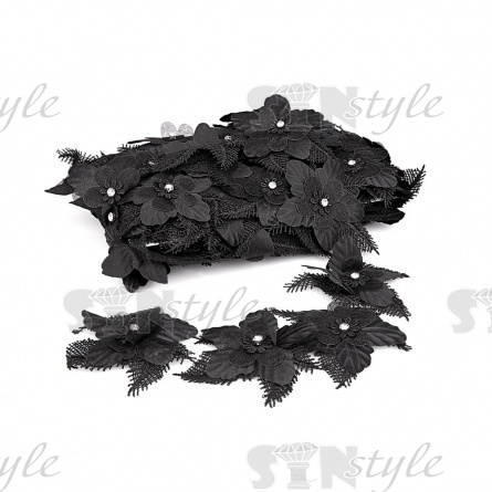 Кружево "Цветочное", нежная цветочная гирлянда из объемных цветов с белой стразой в середине цветка, ширина 80 мм, намотка 10 ярдов, цвет черный фото 1