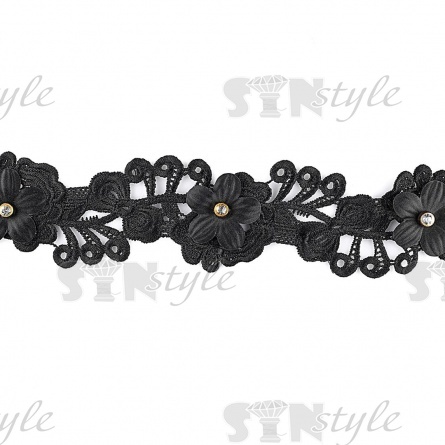 Кружево ажурное с цветочным орнаментом и стразой в центре цветка, ширина 70 мм, намотка 15 ярдов, цвет черный фото 2