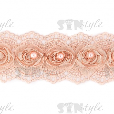 Кружево ажурное с отделкой из органзы и бусин, цвет грязно-розовый, ширина 60 мм, намотка 10 ярдов фото 2