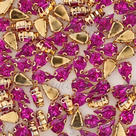 Стразы пришивные акриловые в цапах, форма капля, цвет золото+фуксия, размер 6х10мм, 200 шт/уп. фото 3