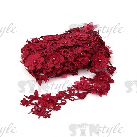 Кружево "Цветочное", воздушная цветочная гирлянда с бусиной в середине каждого цветка, ширина 85 мм, намотка 10 ярдов, цвет бордовый фото 2