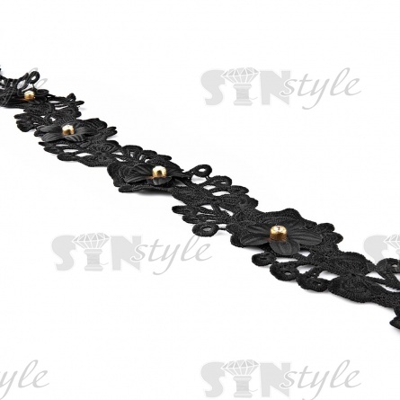 Кружево ажурное с цветочным орнаментом и стразой в центре цветка, ширина 70 мм, намотка 15 ярдов, цвет черный фото 3