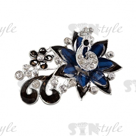 Брошь металлическая, застежка булавка, размер 38 мм х 54 мм, цвет серебряный+черная и синяя эмаль+белые стразы фото 2
