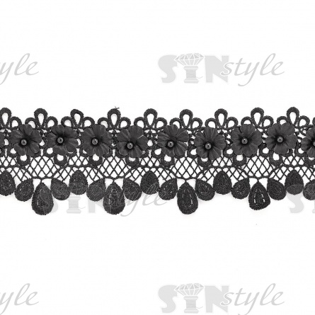 Кружево ажурное с отделкой цветами и бусинами, ширина 80 мм, намотка 10 ярдов, цвет черный фото 1