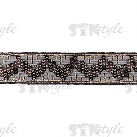 Тесьма отделочная на сетке черного цвета, расшита черными и золотыми пайетками, ширина 35 мм, намотка 20 ярдов  фото 2