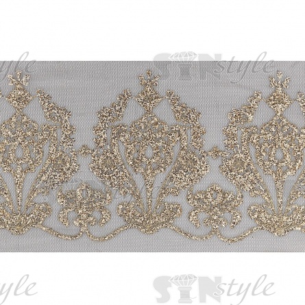 Кружево на сетке черного цвета с золотым глиттером, ширина 190 мм, намотка 15 ярдов фото 1