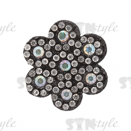 Аппликация "Цветочек" из страз, на фетровой основе, диаметр 30 мм, цвет черный+белые и радужные стразы фото 1