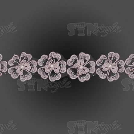 Кружево "Цветочки", объемная нежная цветочная гирлянда с бусиной белого цвета, на капроновой ленте, ширина 55 мм, цвет серый, намотка 20 ярдов фото 2