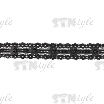 Декоративная тесьма отделочная кружевная на сетке с бусинами, цвет черный, ширина 30 мм, намотка 15 ярдов фото 1