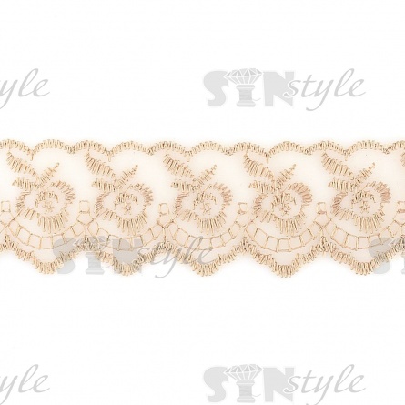 Кружево декоративное, нежная вышивка на тонкой капроновой основе, ширина 40 мм, цвет бежевый (60), намотка 10 ярдов фото 1