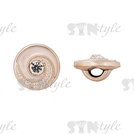 Пуговица пластиковая на ножке, размер 20L, золотая основа с белой эмалью и белой стразой фото 1