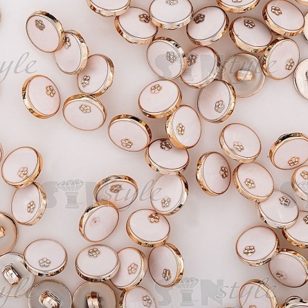 Пуговица пластиковая на ножке, размер 20L, золотая основа, белая шляпка с золотым цветком фото 3