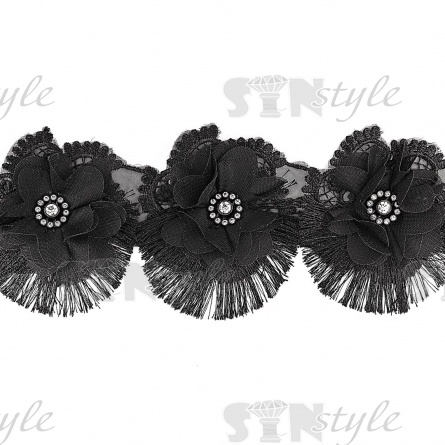 Кружево Цветочное, красивая цветочная гирлянда на капроновой основе с нежным розовым бутоном в центре цветка и с короткой бахромой по краю изделия, намотка 10 ярдов, размер 75 мм, цвет черный фото 3