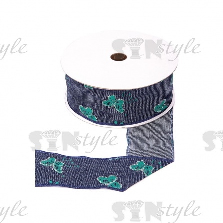 Джинсовая лента с бабочками зеленого цвета, ширина 40 мм, намотка 20 ярдов фото 1