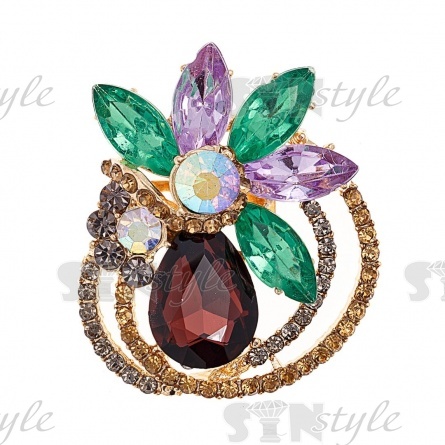 Брошь со стразами, размер 35х42 мм, цвет золото+цветные стразы, застежка булавка фото 1