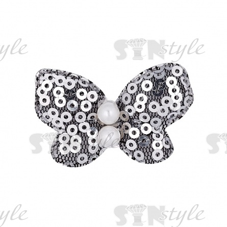Аппликация 3D "Бабочка", цвет серебряный+белые бусины, размер 40х26 мм фото 1