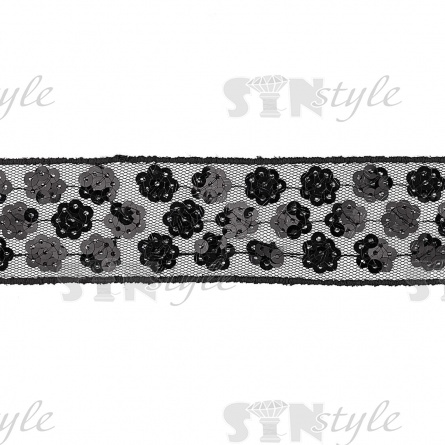 Тесьма отделочная на сетке, расшитая пайетками, ширина 40 мм, цвет черный, намотка 20 ярдов  фото 2