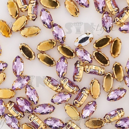 Стразы пришивные акриловые в цапах, форма лодочка, цвет золото+сиреневый, размер 5х10 мм, 200 шт/уп фото 3