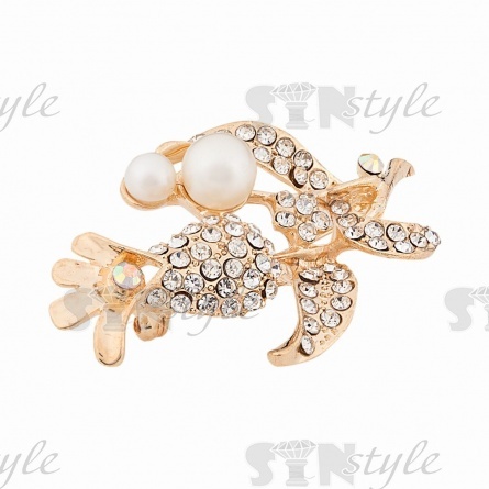 Брошь металлическая со стразами, застежка булавка, цвет золото+белые стразы+белые бусины, размер 33х54 мм фото 2