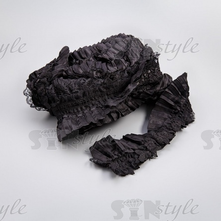 Кружево ажурное с отделкой, нежное переплетение гирлянды цветочных мотивов с короткой плиссеровкой по всей длине, ширина 80 мм, намотка 15 ярдов, цвет черный  фото 3