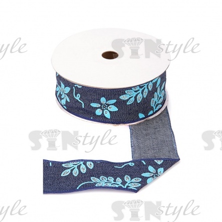Джинсовая лента с цветочным принтом голубого цвета, ширина 40 мм, намотка 20 ярдов фото 1