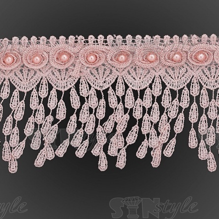 Тонкое ажурное кружево, украшенное бусинами, по нижнему краю нежная бахрома в форме капель, намотка 15 ярдов, ширина 90 мм, цвет грязно-розовый  фото 2