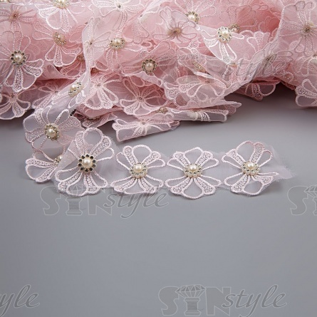 Бантики из капроновой ленты, ширина 55 мм, намотка 20 ярдов, цвет розовый+белые бусины, № 5 фото 2